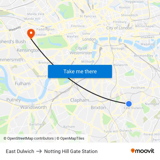 East Dulwich to Notting Hill Gate Station map