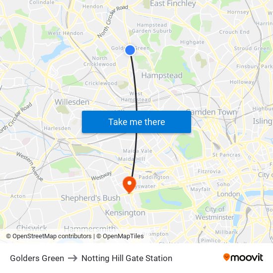 Golders Green to Notting Hill Gate Station map