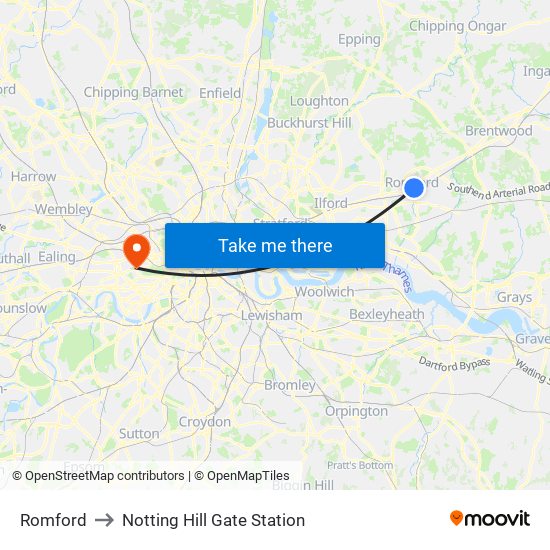 Romford to Notting Hill Gate Station map