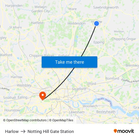 Harlow to Notting Hill Gate Station map