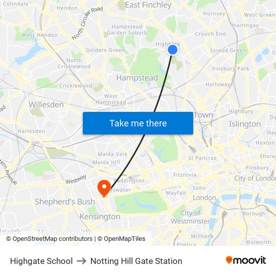 Highgate School to Notting Hill Gate Station map