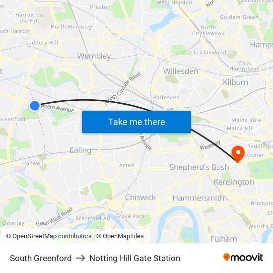 South Greenford to Notting Hill Gate Station map
