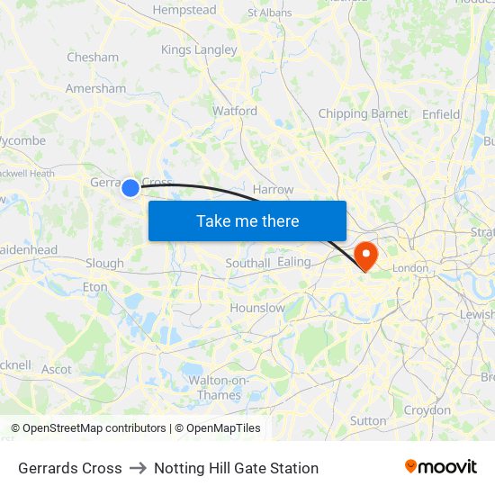 Gerrards Cross to Notting Hill Gate Station map