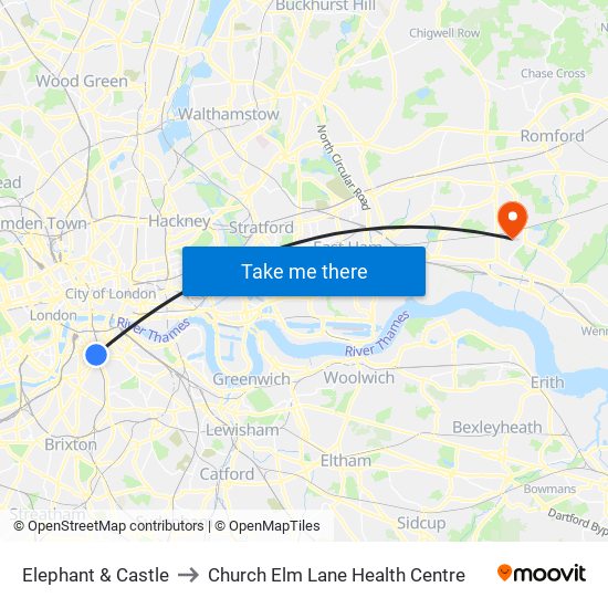 Elephant & Castle to Church Elm Lane Health Centre map