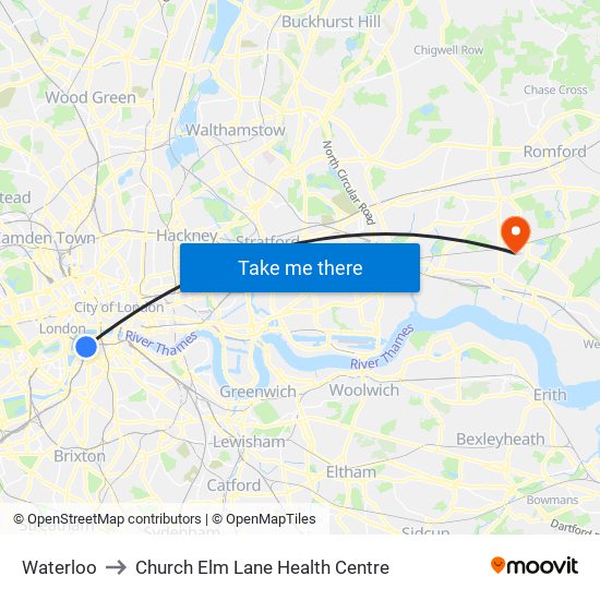 Waterloo to Church Elm Lane Health Centre map