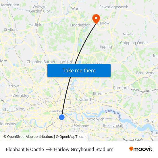 Elephant & Castle to Harlow Greyhound Stadium map