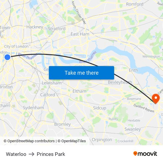 Waterloo to Princes Park map