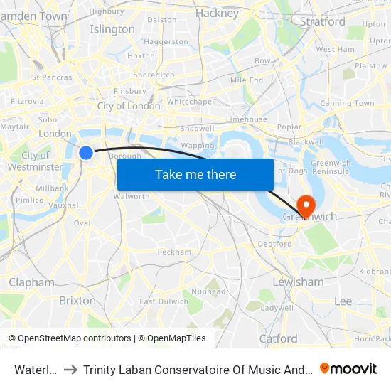 Waterloo to Trinity Laban Conservatoire Of Music And Dance map