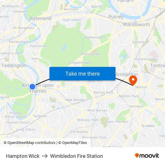 Hampton Wick to Wimbledon Fire Station map