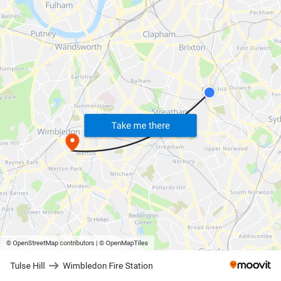 Tulse Hill to Wimbledon Fire Station map