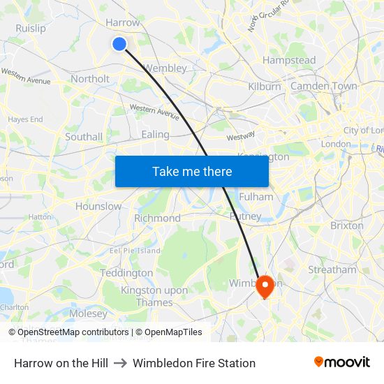 Harrow on the Hill to Wimbledon Fire Station map