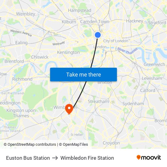 Euston Bus Station to Wimbledon Fire Station map