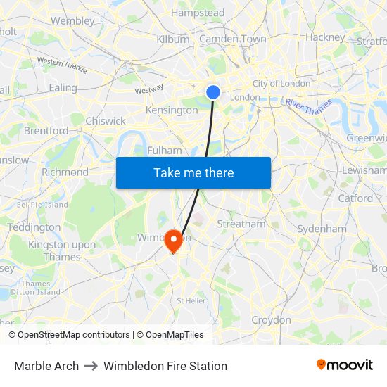 Marble Arch to Wimbledon Fire Station map