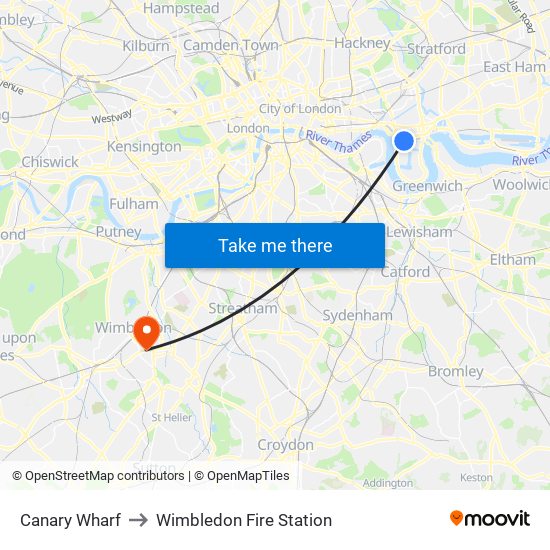 Canary Wharf to Wimbledon Fire Station map