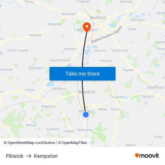 Flitwick to Kempston map