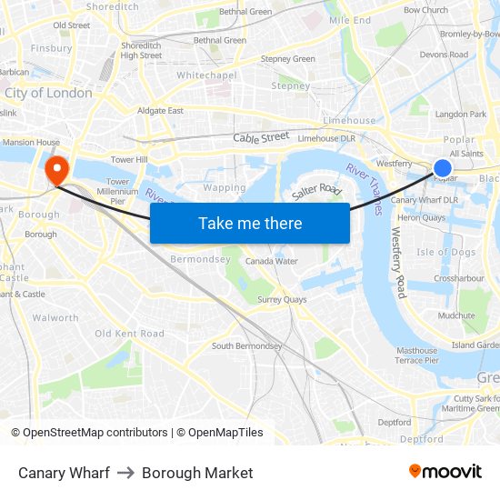 Canary Wharf to Borough Market map