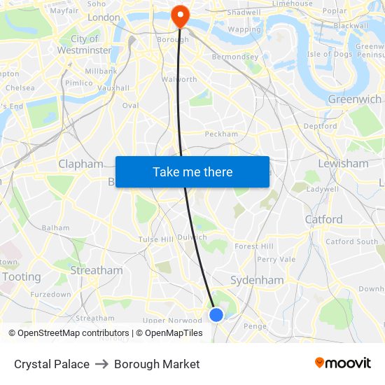 Crystal Palace to Borough Market map