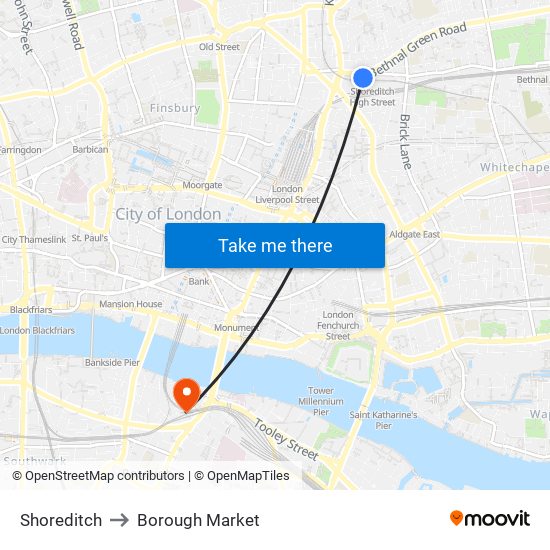 Shoreditch to Borough Market map