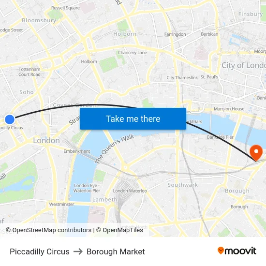 Piccadilly Circus to Borough Market map