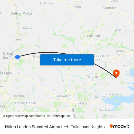 Hilton London Stansted Airport to Tolleshunt Knights map