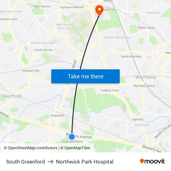 South Greenford to Northwick Park Hospital map