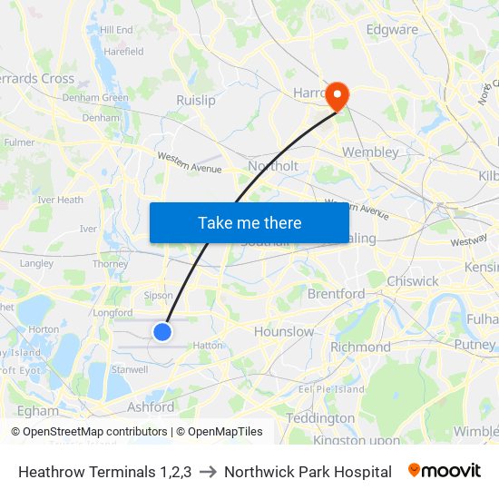 Heathrow Terminals 1,2,3 to Northwick Park Hospital map