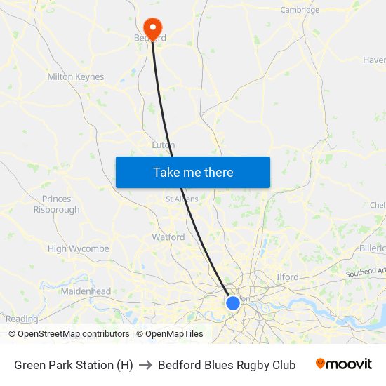 Green Park Station (H) to Bedford Blues Rugby Club map