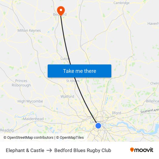 Elephant & Castle to Bedford Blues Rugby Club map