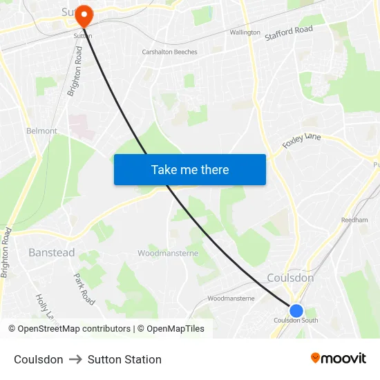Coulsdon to Sutton Station map