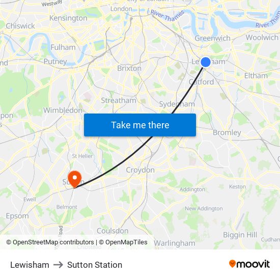 Lewisham to Sutton Station map