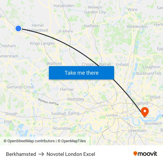 Berkhamsted to Novotel London Excel map