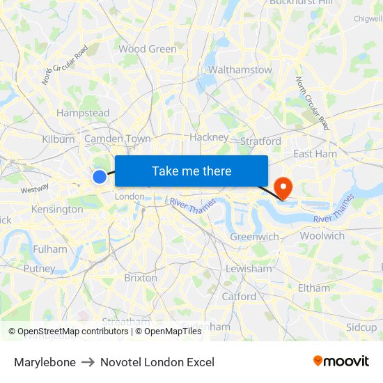 Marylebone to Novotel London Excel map