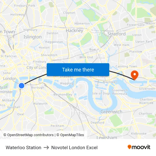 Waterloo Station to Novotel London Excel map