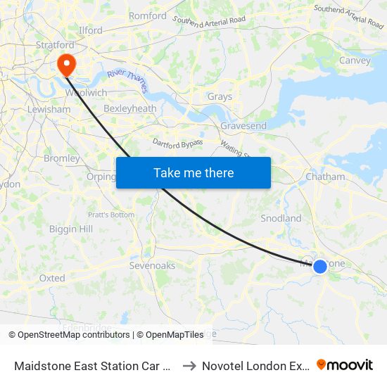 Maidstone East Station Car Park to Novotel London Excel map