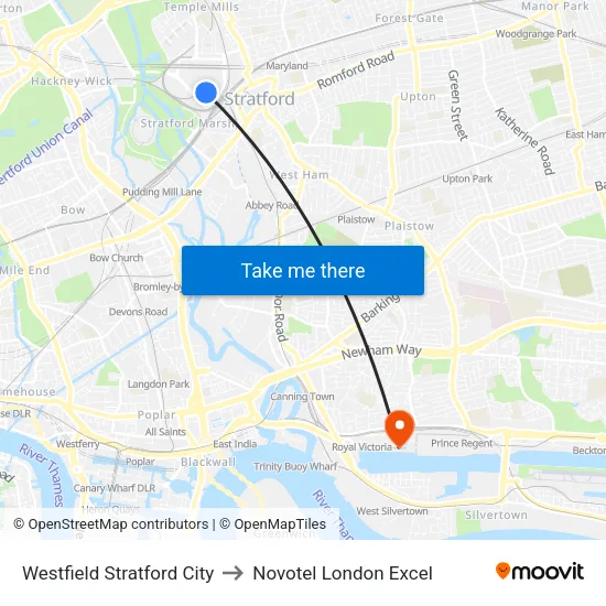 Westfield Stratford City to Novotel London Excel map