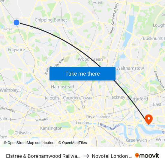 Elstree & Borehamwood Railway Station to Novotel London Excel map