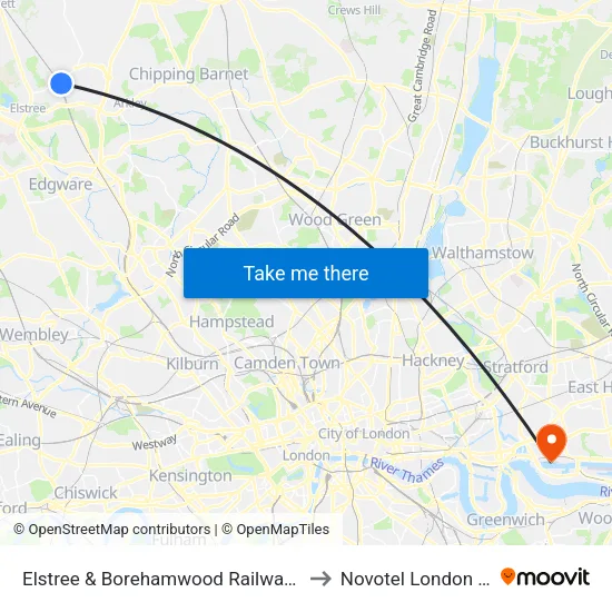 Elstree & Borehamwood Railway Station to Novotel London Excel map