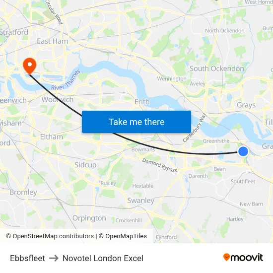 Ebbsfleet to Novotel London Excel map