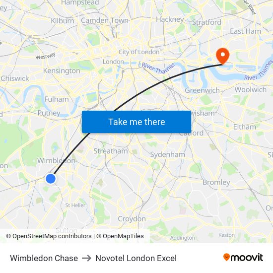 Wimbledon Chase to Novotel London Excel map