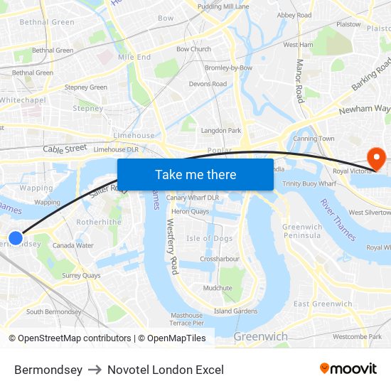 Bermondsey to Novotel London Excel map