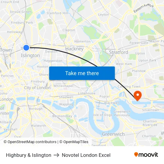 Highbury & Islington to Novotel London Excel map