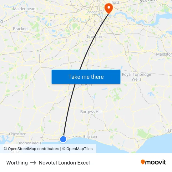 Worthing to Novotel London Excel map