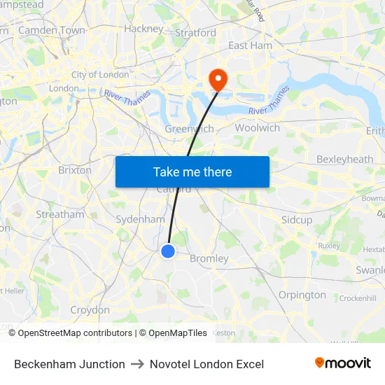 Beckenham Junction to Novotel London Excel map