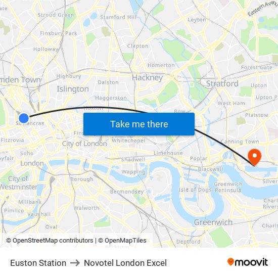 Euston Station to Novotel London Excel map