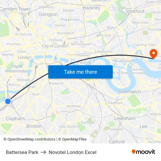 Battersea Park to Novotel London Excel map