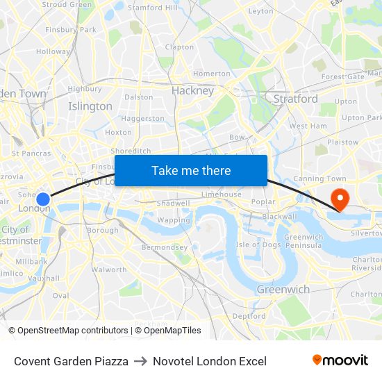 Covent Garden Piazza to Novotel London Excel map