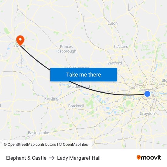 Elephant & Castle to Lady Margaret Hall map