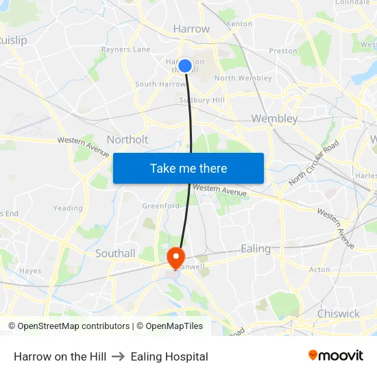 Harrow on the Hill to Ealing Hospital map