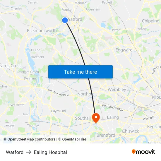 Watford to Ealing Hospital map