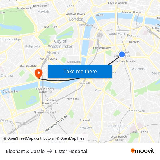 Elephant & Castle to Lister Hospital map